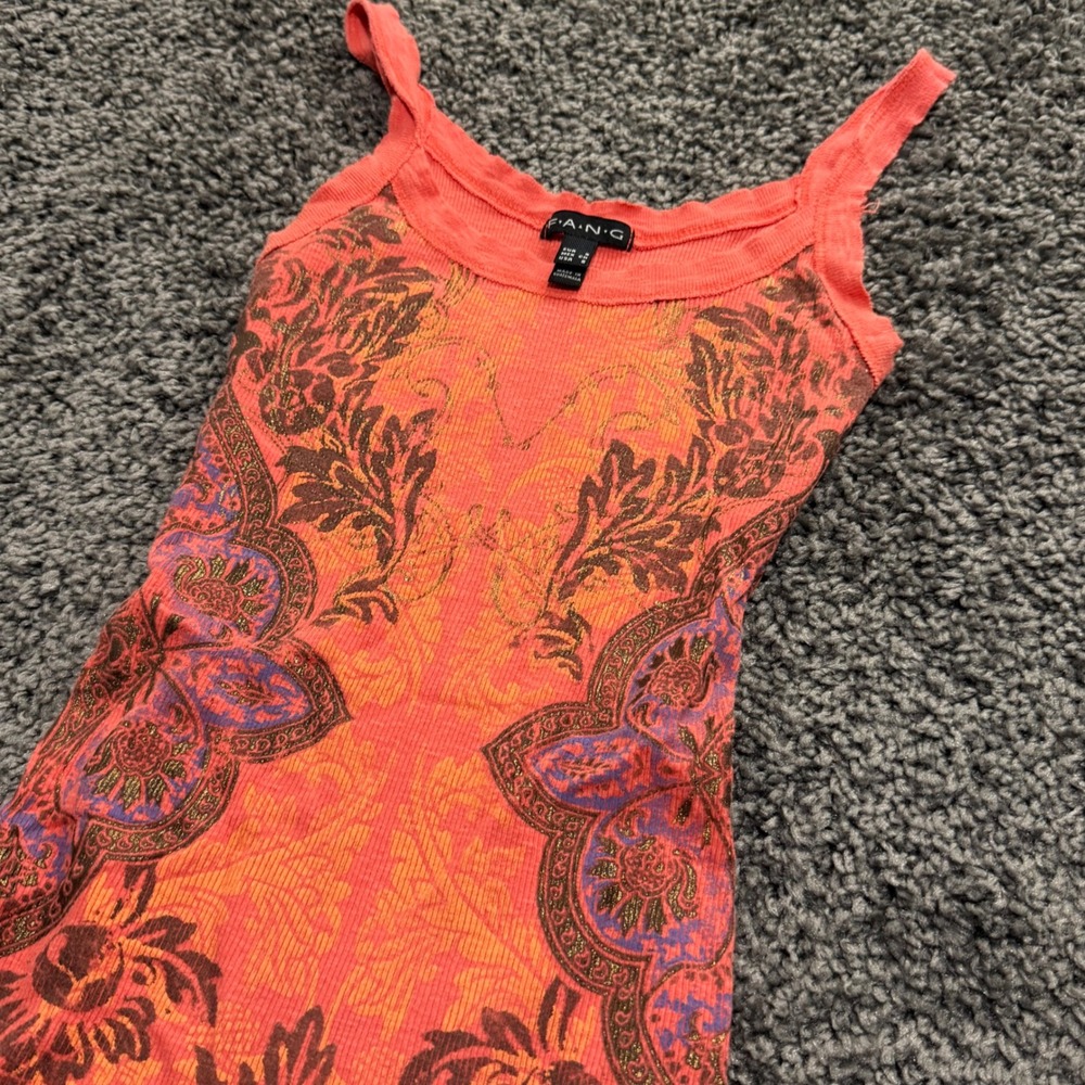 Vintage Fang Tank Top Womens Orange Excellent Paisley Graphic Ribbed Y2K Small